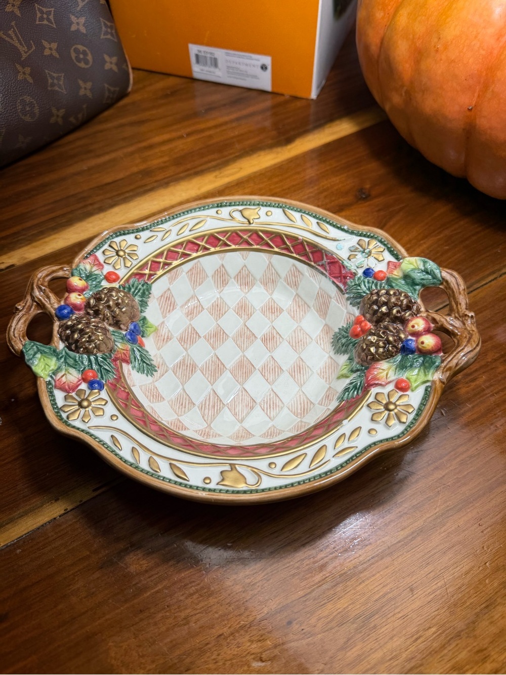 Fitz and Floyd Holiday Pinecone Serving Bowl in Red, Green, Gold, Brown